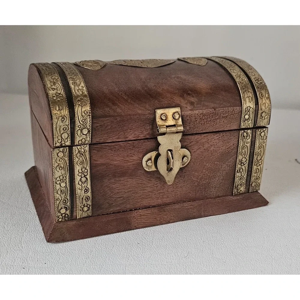 Vintage Wooden Domed Chest Trinket Box Brass Inlay 5